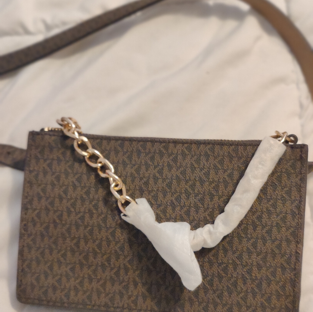 Michael Kors Monogram Brown Belted Fanny Bag with Gold Chain